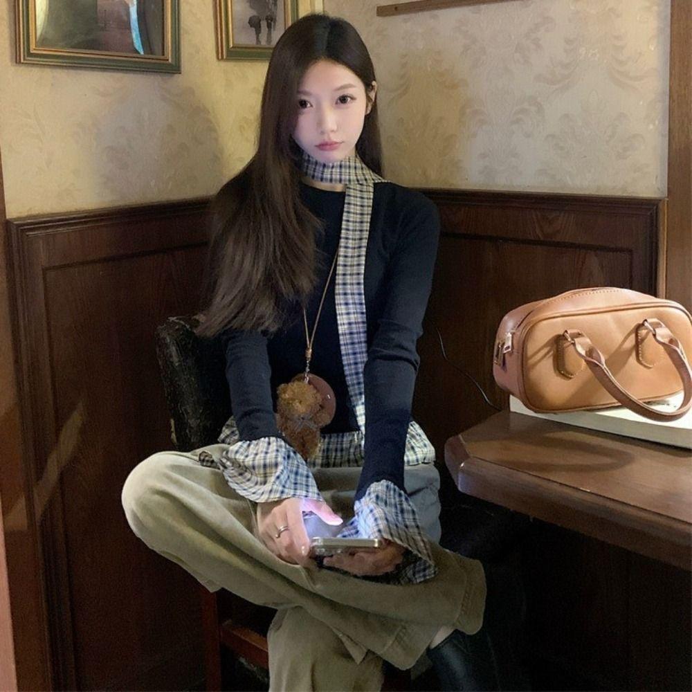 Undershirts Faux Two Piece T Shirt Lattice Ruffle Slim Fit  Top Soft Long Sleeve Top  Women