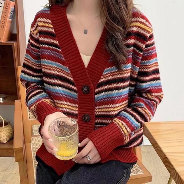 Pletený top pro ženy Podzim Zima Knoflíkový Hnědý Kardigan Výstřih do V Dámské svetry Pruhované Nová kolekce Termální kabáty