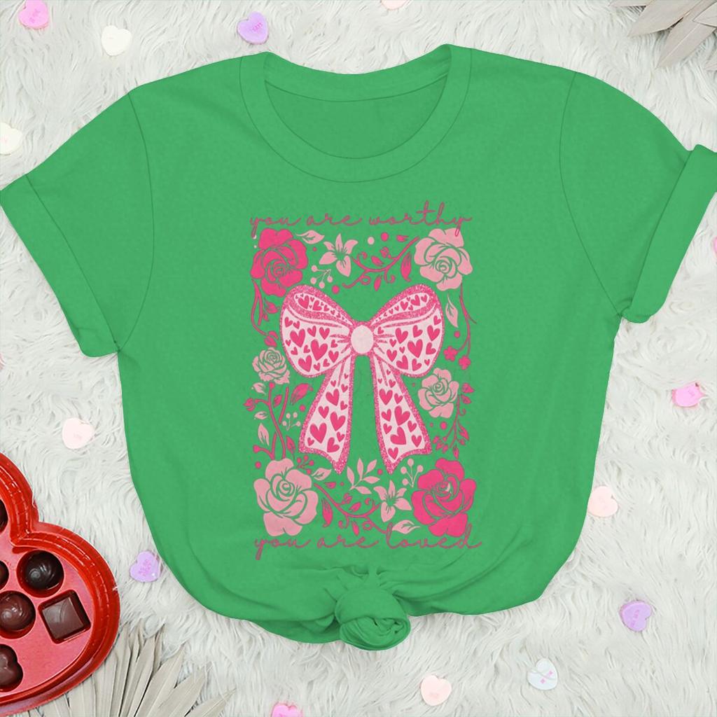 Valentines Day Heart Coquette Bow T Shirts for Women Retro Valentine Short Sleeve Tee Shirt Retro Flower Valentines Casual Tops