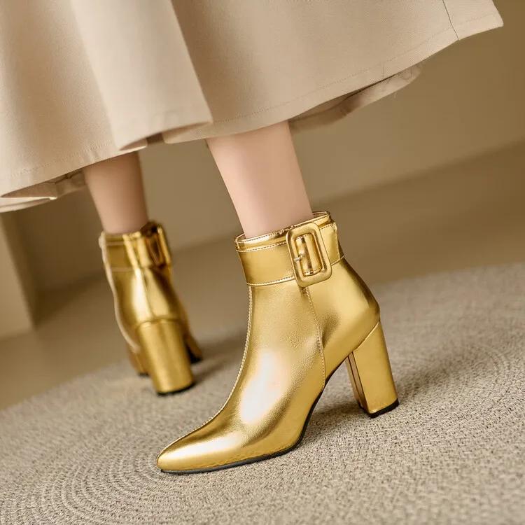 Fashion Golden Silver Belt Buckle Pointed Women's Short Boots New European American Winter Warm 8.5cm High Heels Ankle Boots Size 32-46