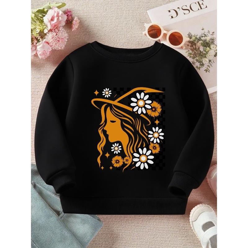 Kids Crewneck Sweatshirt, Retro Floral Whimsy Cute Graphic Print, Soft Comfort Long Sleeve Casual Pullover