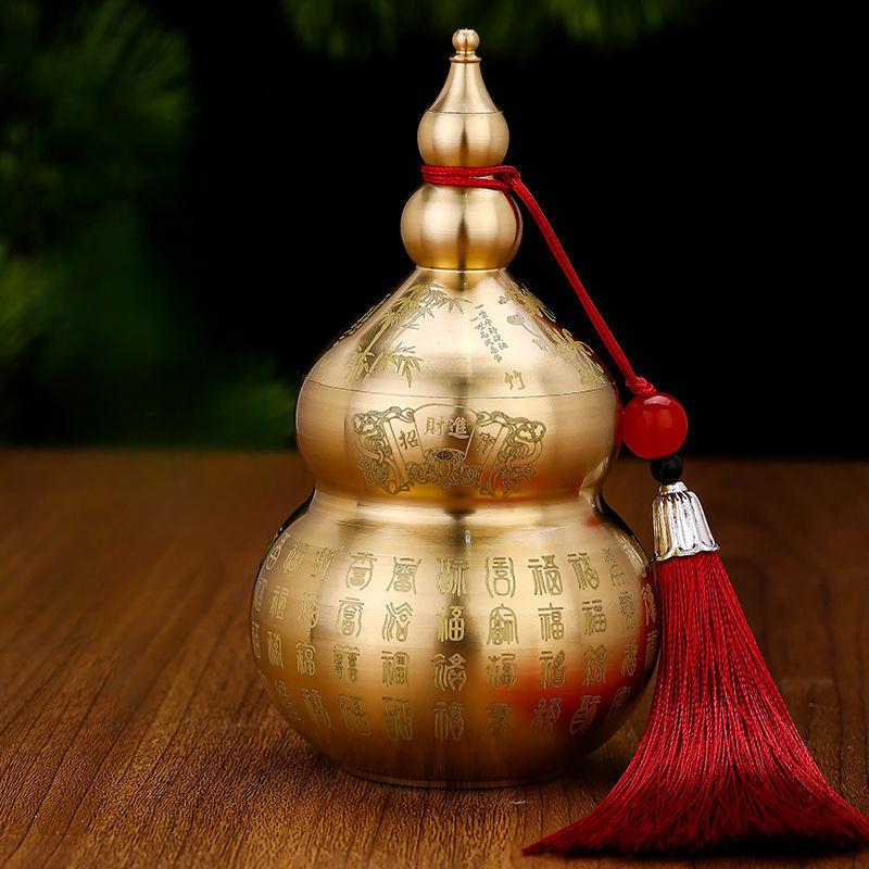 Gourd Ornament: Open-Top Chinese-Style Brass Feng Shui Gourd—Desktop Wealth-Bringing Carved Feng Shui Decorative Item