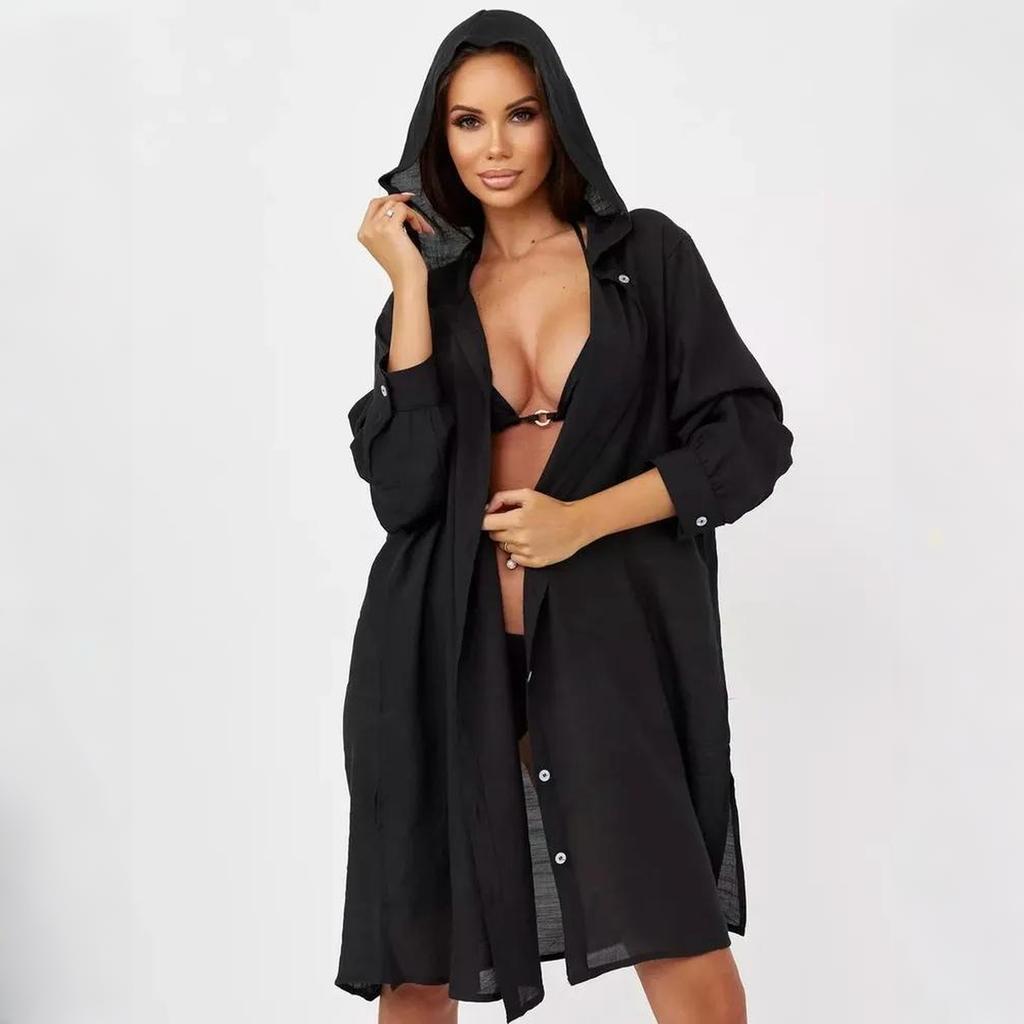 Women's Beach Cover Up Shirt Dress Lightweight Button Down Long Sleeve Casual Vacation Swimwear Cover Up for Bikini Swimwear
