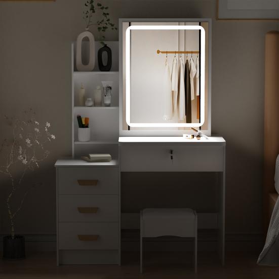 Makeup Vanity Desk with LED Lighted Mirror, Vanity Table with 4 Drawers and Opening Shelves, Bedroom Dressing Table with Stool