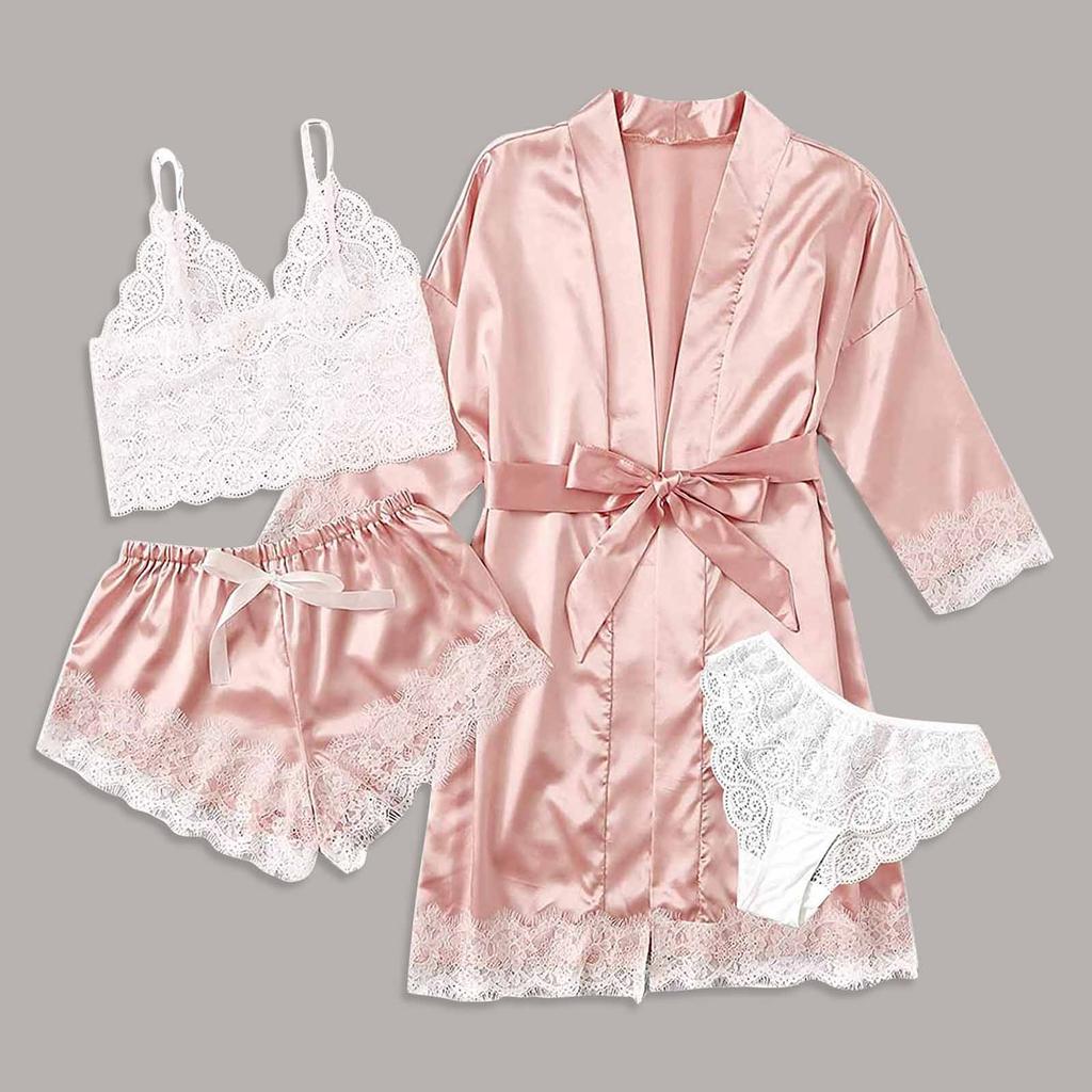 4-Piece Women Sexy Garter Lingerie Set Robes Lace Bodysuit Deep-V Neck Underwear