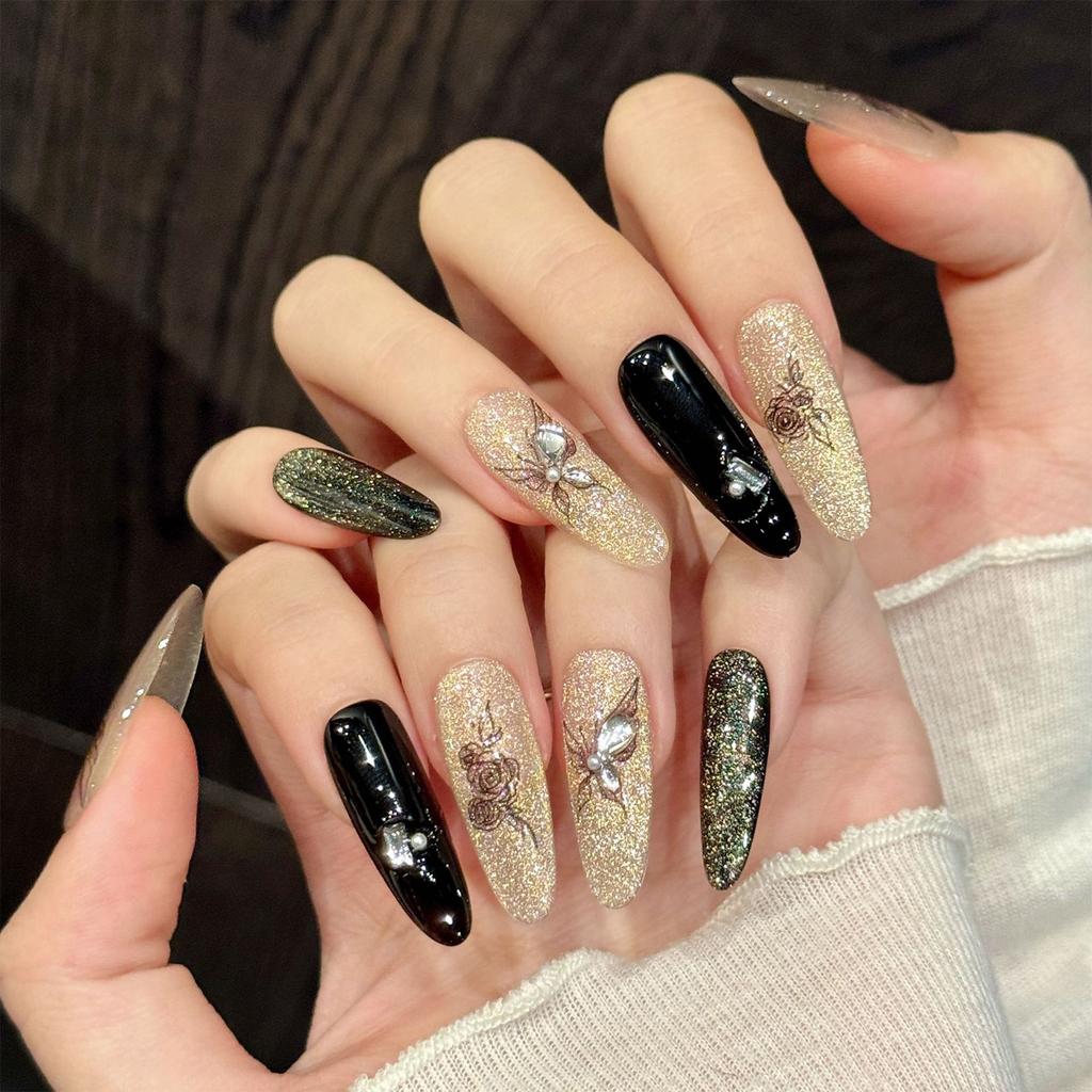 10pcs Gold Black False Nails with Rhinestone Decor Delicate Rose Butterfly Press On Nails For Gothic Party Wedding Photography