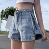 Pantaloni larghi a gamba larga a vita alta stile femminile con cerniera Pantaloncini corti da donna in denim sottile allentato estivo Pantaloni corti con lettera di jeans