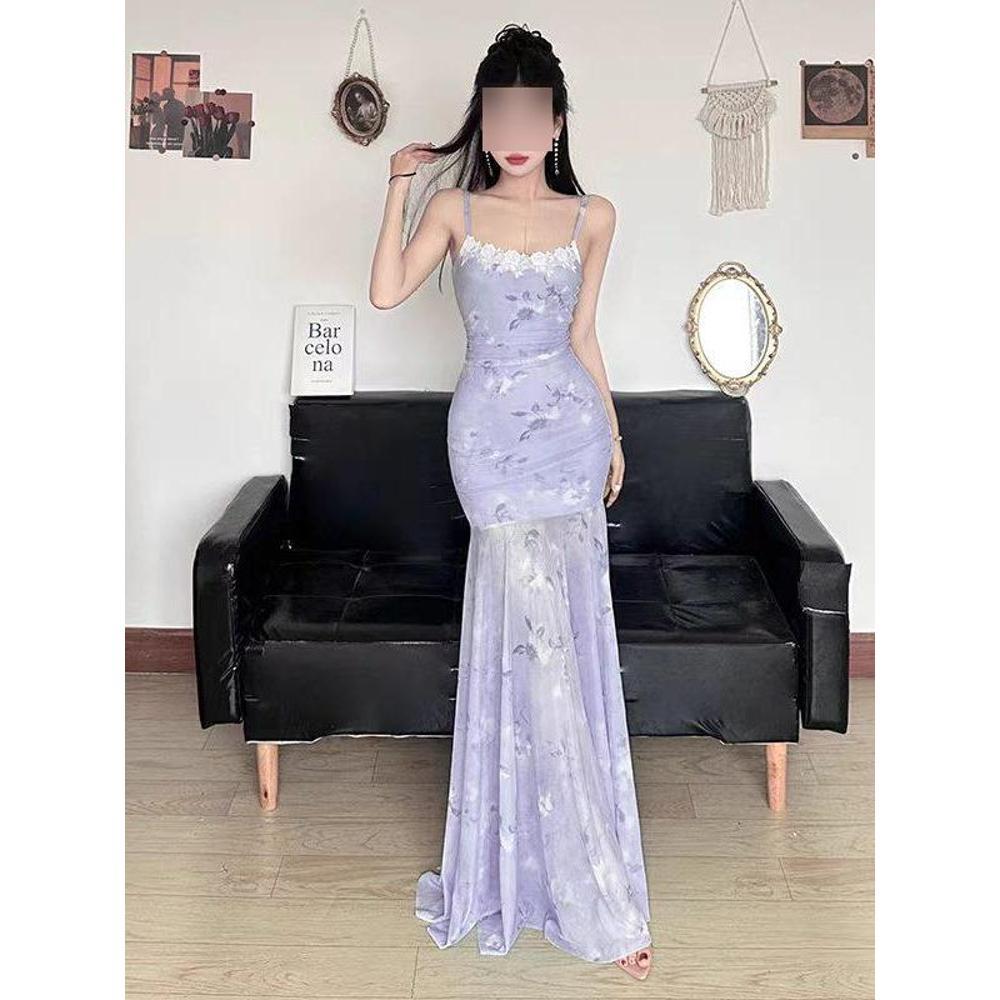 Seaside Vacation Wind Blue Lace Splicing Floral Suspender Dress Gentle Temperament Waist Hip Fish Tail Skirt Summer