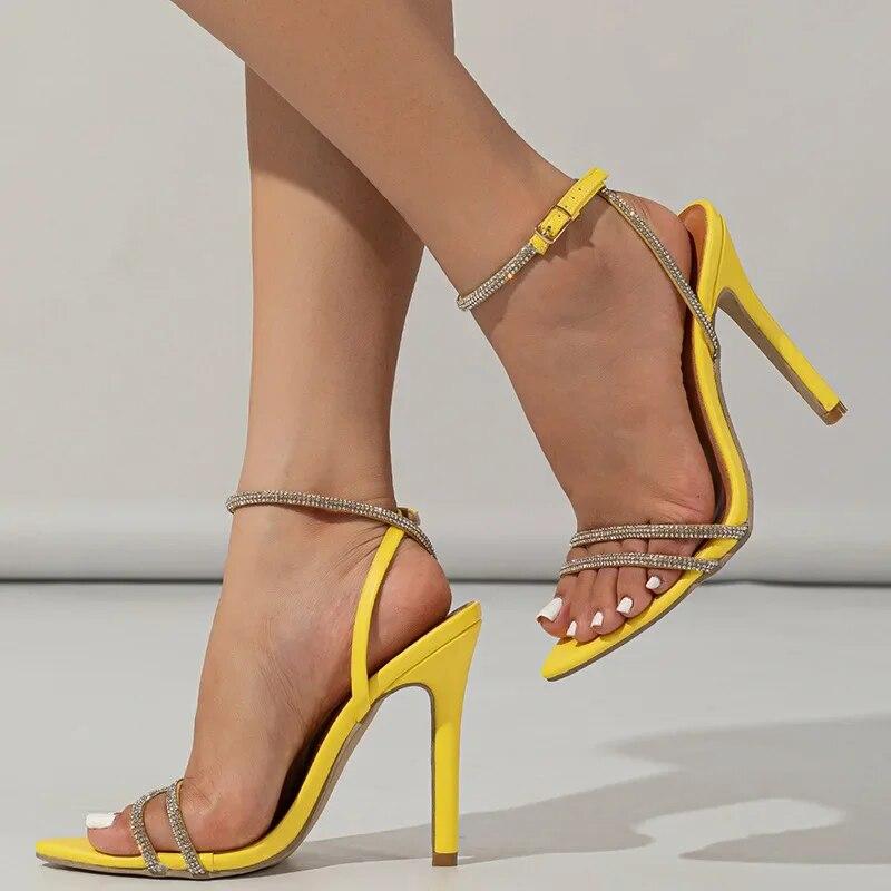 Women Yellow High Heels Shoes Fashion Rhinestones Pointed Toe Sandals Summer Ladies Ankle Buckle Straps Stilettos Pumps
