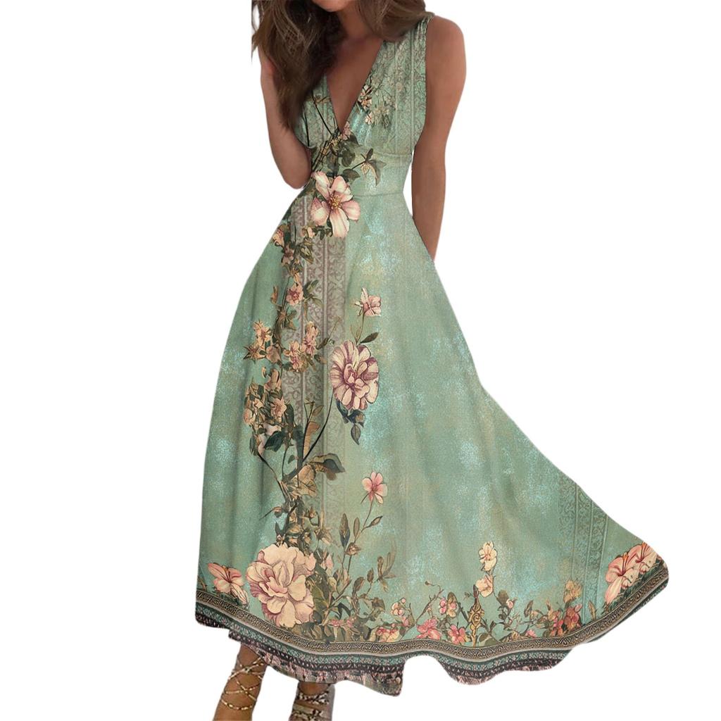 Women's Summer Fashion Retro Print V-Neck Sleeveless Long Dress