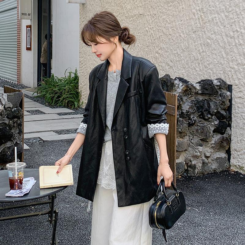 

Сладкий и крутой костюм с оборками из черного кружева, кожаная куртка, женский, весна-осень, новый темперамент, универсальное пальто средней длины XL чёрный