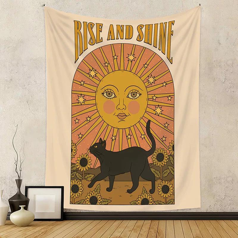 Ins-Stil Katzen-Wandteppich für Meditationsraum Weich Sonne Sterne und Mond Druck Wandteppich Rechteckig Schlafzimmer Hängendes Abdecktuch 150x100cm(60x40in) brown