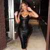 2026 European & American Style Sexy PU Dress with Suspenders, Waist-Slimming, Hip Slit - Nightclub Fashion for Women