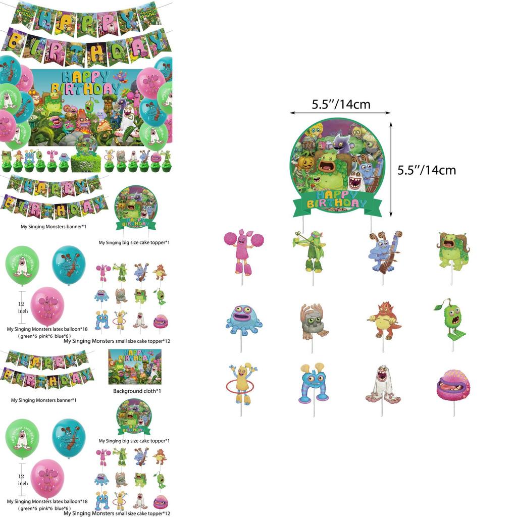 Colorful Monster Music Concert Birthday Party Decorations Forest Creature Bunting Banner Balloons Cake Toppers
