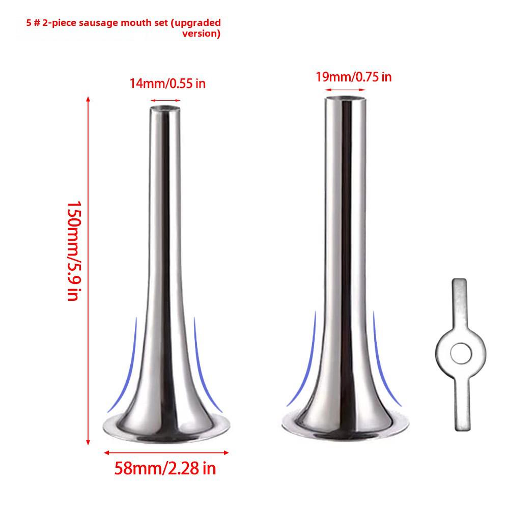 Stainless Steel Meat Grinder Accessories: Knife, Blade, Hole Plate, Sausage Stuffer, and Grinder Rod.