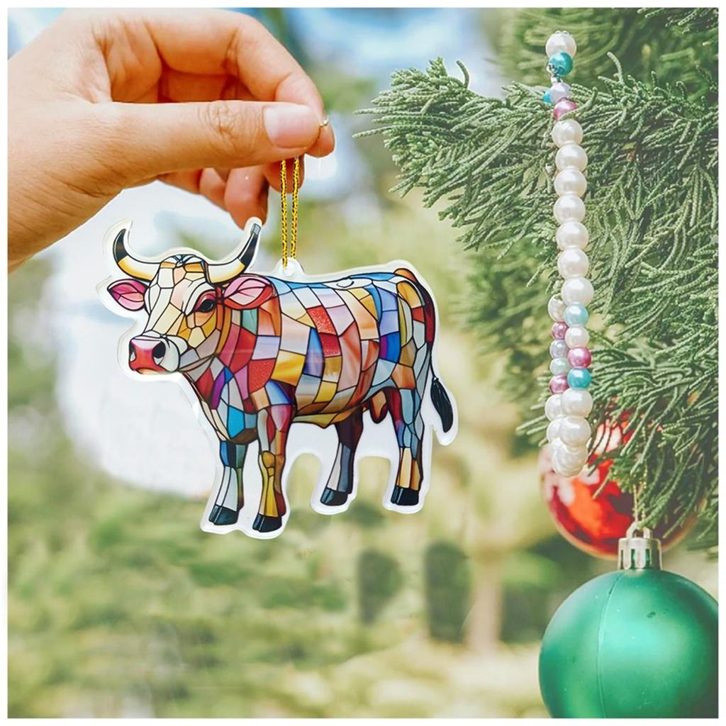 Cow Stained Glass Pendant Acrylic Window Light Catchers | Colorful Stained Glass Cow Pendant | Window Bead Garland With