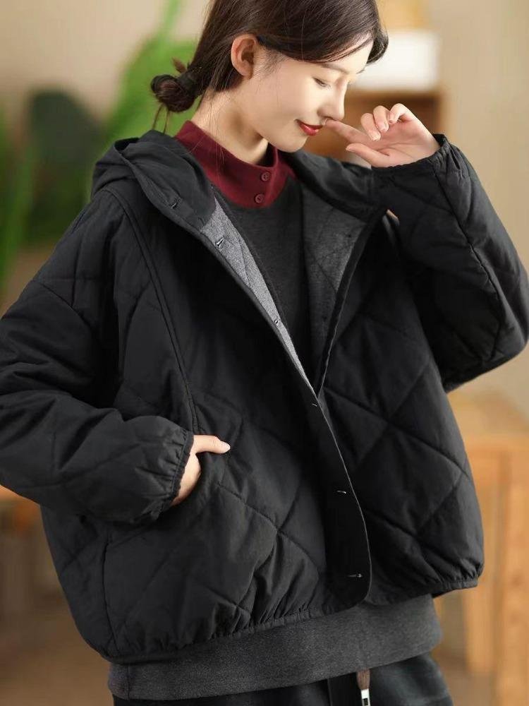 

Loose Hooded Coat for Women Winter Casual Long Sleeves Solid Color Single Breasted Johnature Niche Lingge Fashion One Size чёрный