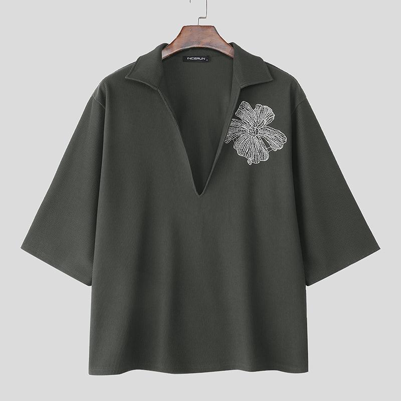 INCERUN Oversized Men 3/4 Sleeve Embroidery Texture Casual Loose T-shirts Tops