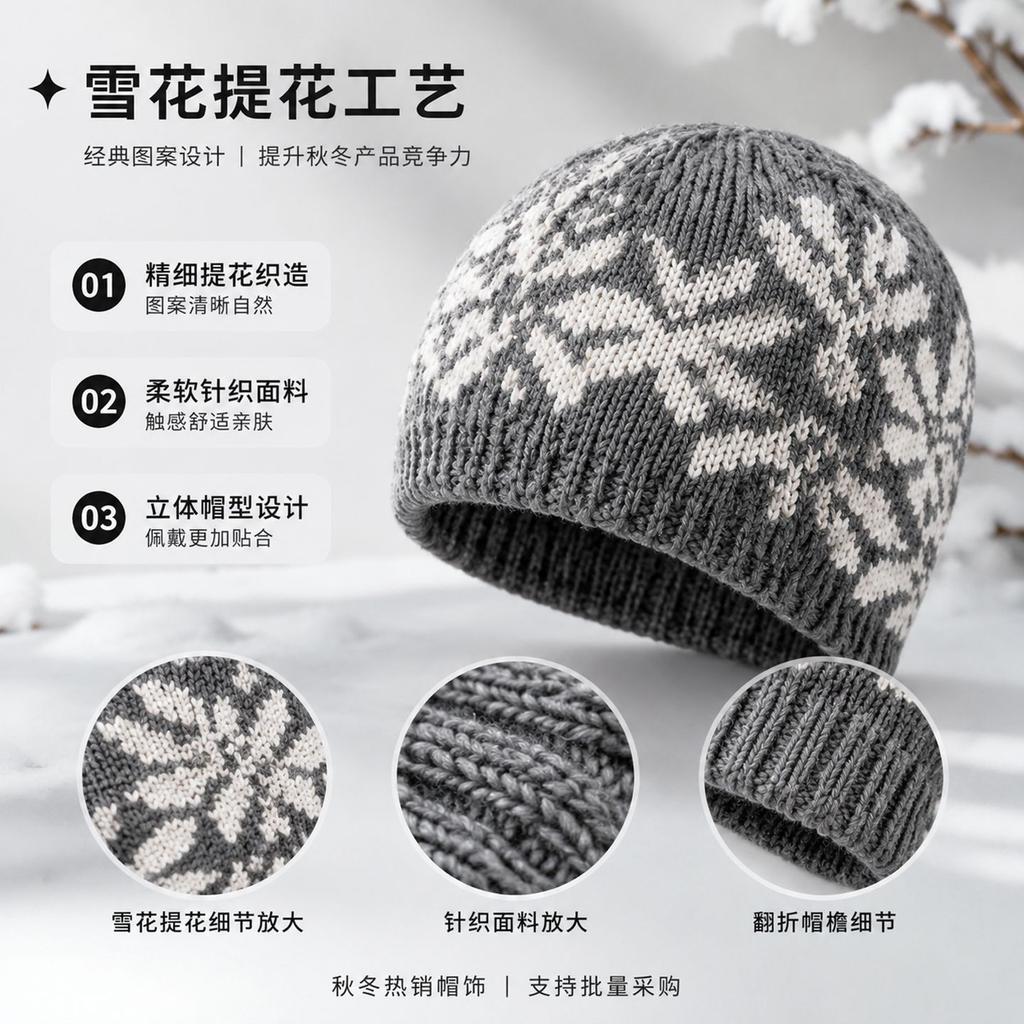 Winter women's jacquard snowflake knitted wool hat, warm ear protector, cold hat, and a basin hat.