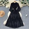 French Retro Lantern Sleeves Pleated Dress Women's Waist and Thin A-shaped Long Dress Lady Style Level Long Dress