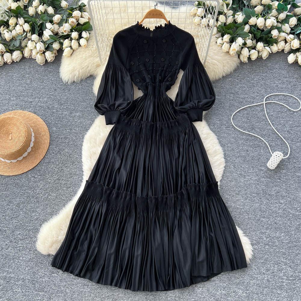 French Retro Lantern Sleeves Pleated Dress Women's Waist and Thin A-shaped Long Dress Lady Style Level Long Dress