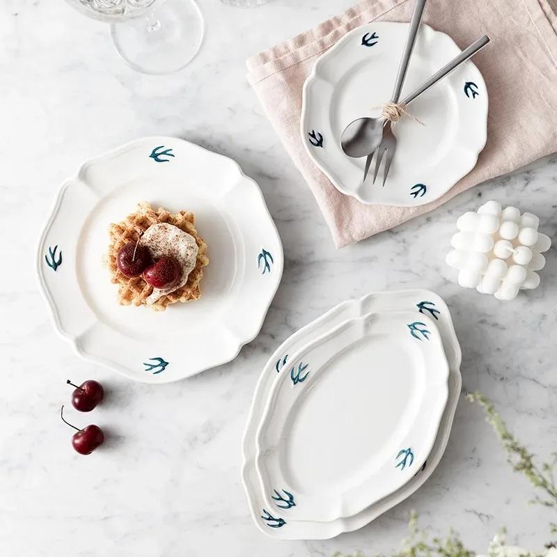 Relief Swallow Plate Simple Small Fresh Dessert Bird Dim Sum  Original Beige Household  Flat  Serving Platter