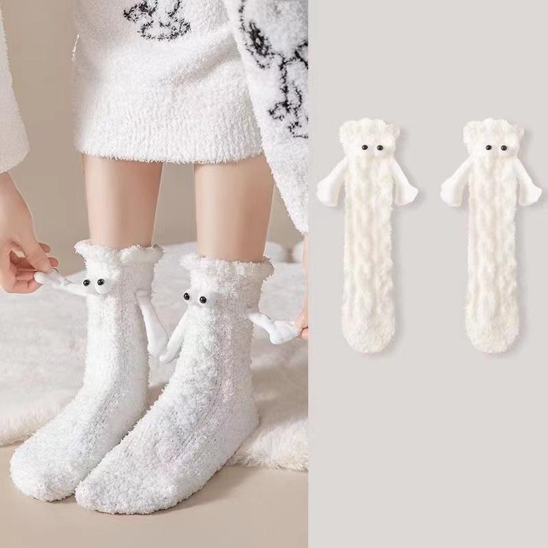 

1 пара мультяшных 3D носков для сна с магнитами для пола, плюшевые парные носки, толстые, притягивающиеся руки, коралловый флис белый