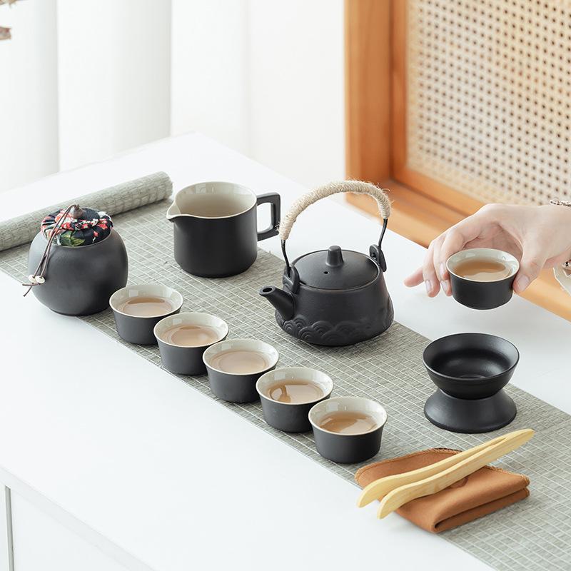 Black pottery kung fu tea set household simple modern teacup travel beam pot whole set tea sea tea can tea cup tea leak