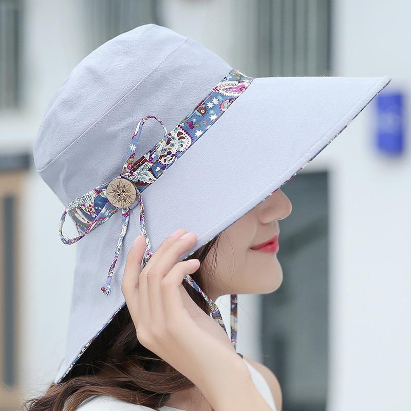 Summer Women's Sun Hat Sun Protection Travel New Wooden Buckle Sun Hat Children's Korean Version Beach Hat Versatile Straight