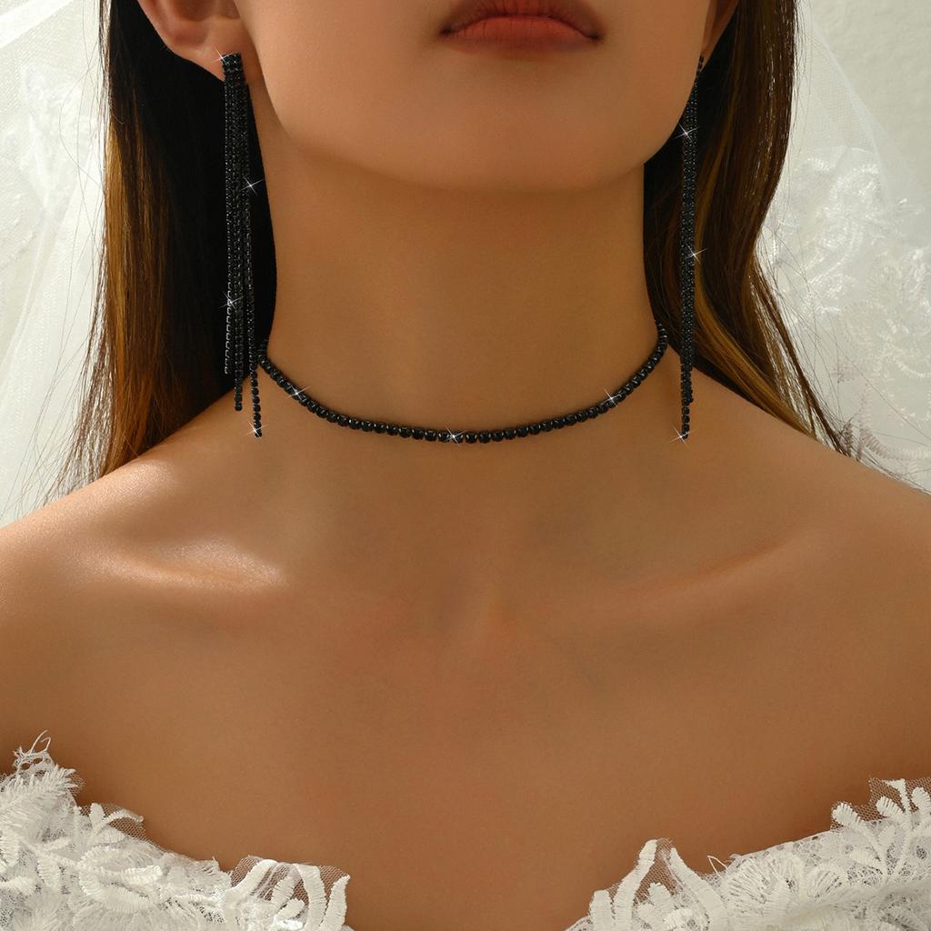 3PC Women's Water Zircon Fashion Tassel Necklace Earrings Zircon Set Wedding Party Festival Gift