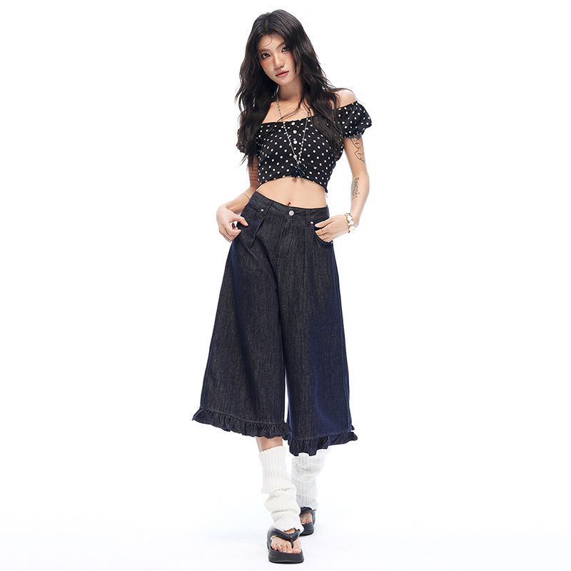 Fashion Summer Lace Rivet Detailed Designer High Waist Wide Leg Straight Versatile Slimming Denim Cropped Capri Pants