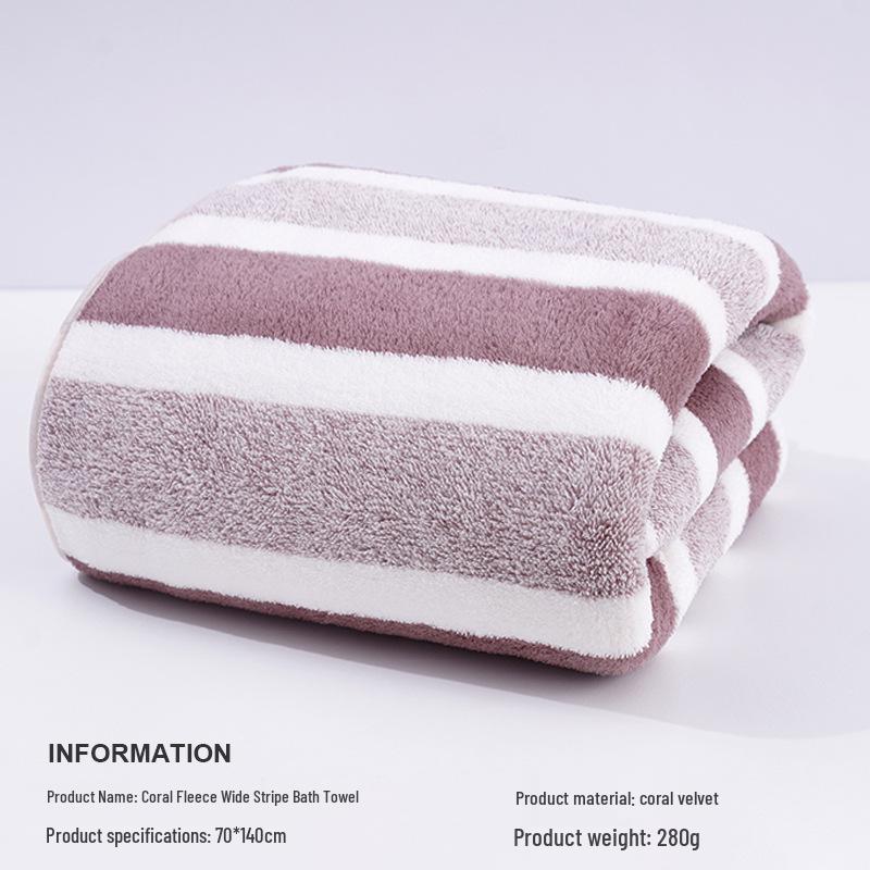 Temu Coral Fleece Quick-Drying Absorbent Bath Towel - Thick, Soft & Comfortable Striped Towel for Men & Women