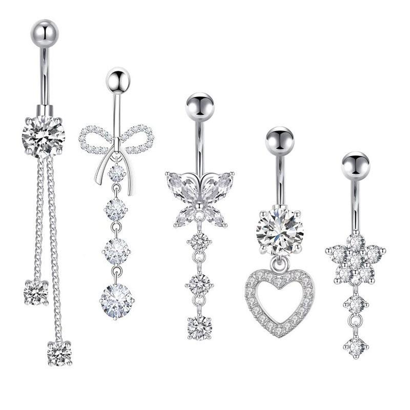 Exquisite Stainless Steel Zircon Belly Button Ring Set - Super Shiny Body Piercing Jewelry