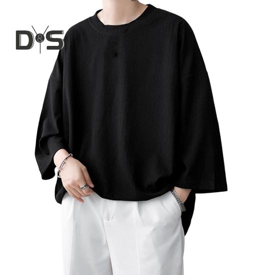 

Мужская футболка с круглым вырезом, рукавами три четверти, однотонная футболка в повседневном стиле, свободная футболка для улицы, путешествий, отпуска M чёрный