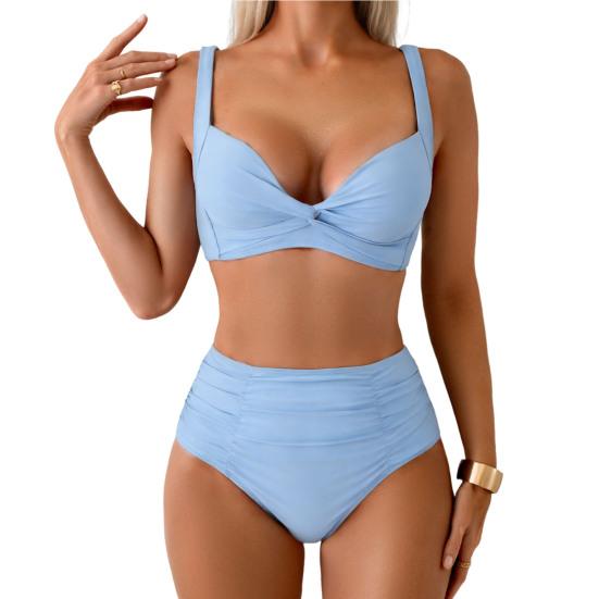 2Pcs/Set Women Bikini Set Knotted Design Chest Pad No Steel Support Bra High Waist Swimming Briefs Set Beach Pool Vacation Sexy Swimsuit