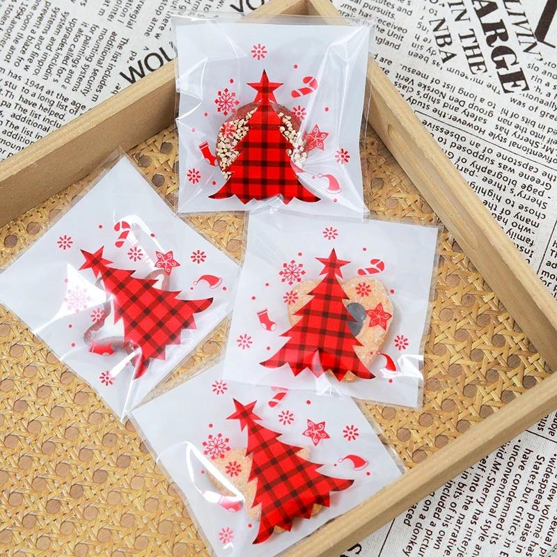 100pcs Christmas Cookie Candy Bags Self Adhesive Gift Packaging Biscuit Snack Bag New Year 2024 Noel Navidad Xmas Party Decor