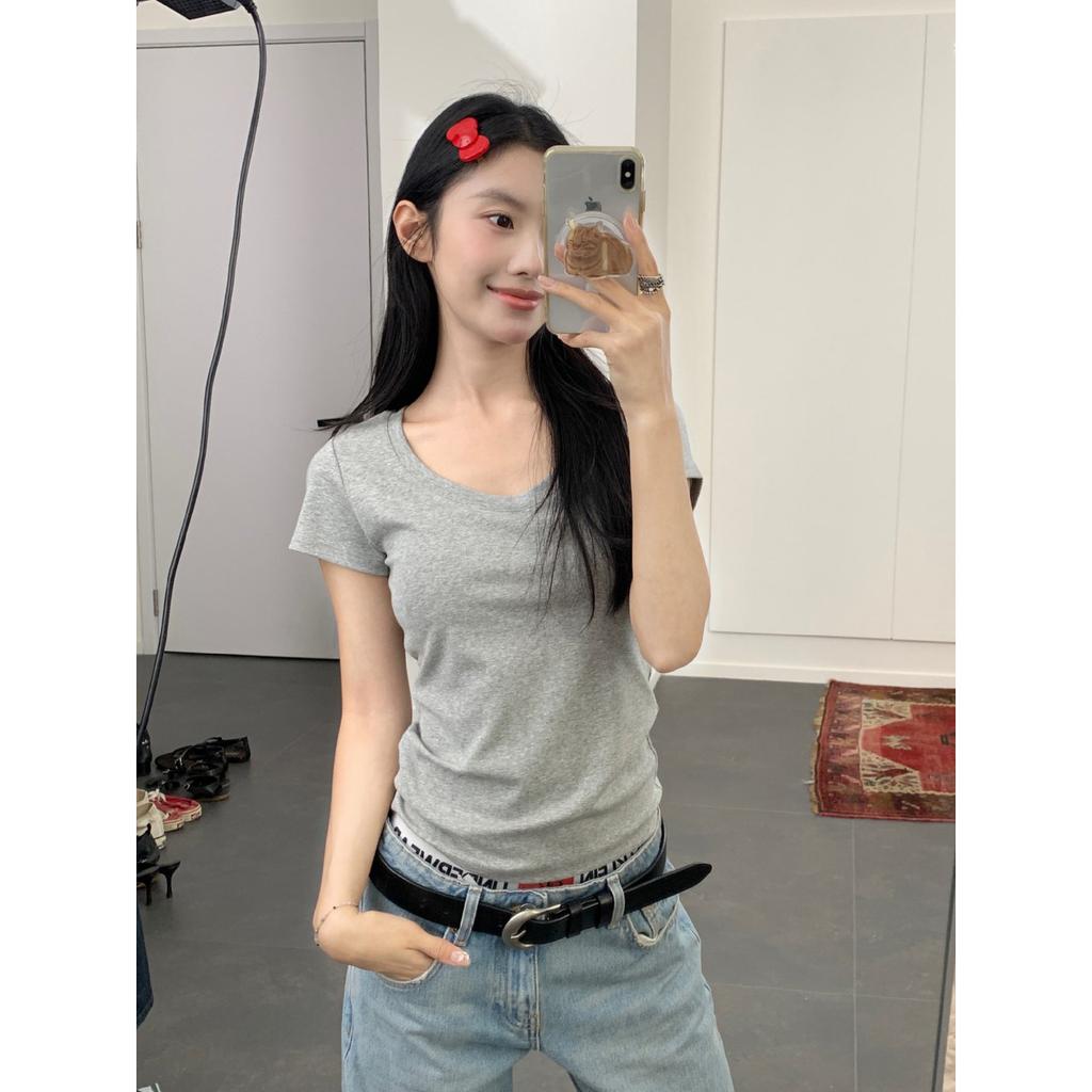 U-neck Slim-fitting Short-sleeved T-shirt for Women, Summer New Korean Waist-pinching and Thin Fashion Tops Are Trendy