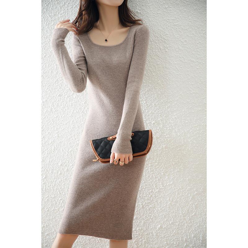 Autumn/Winter 2021 Long-Sleeve Square Collar Knit Wool Dress for Women - Knee-Length