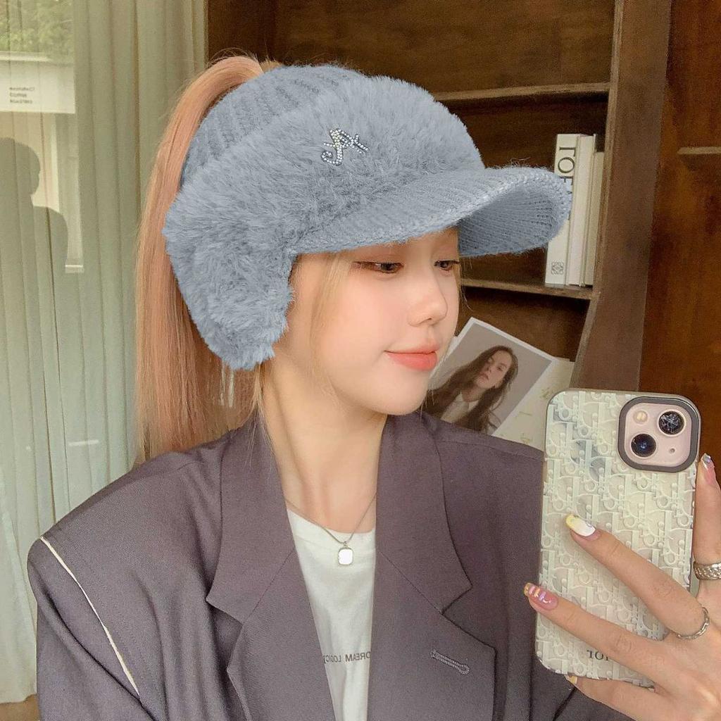 New Autumn Winter Hats for Women Warm Rabbit Blend Knitted Hat Outdoor Sport Empty Top Earflaps Ponytail Hat Baseball Caps