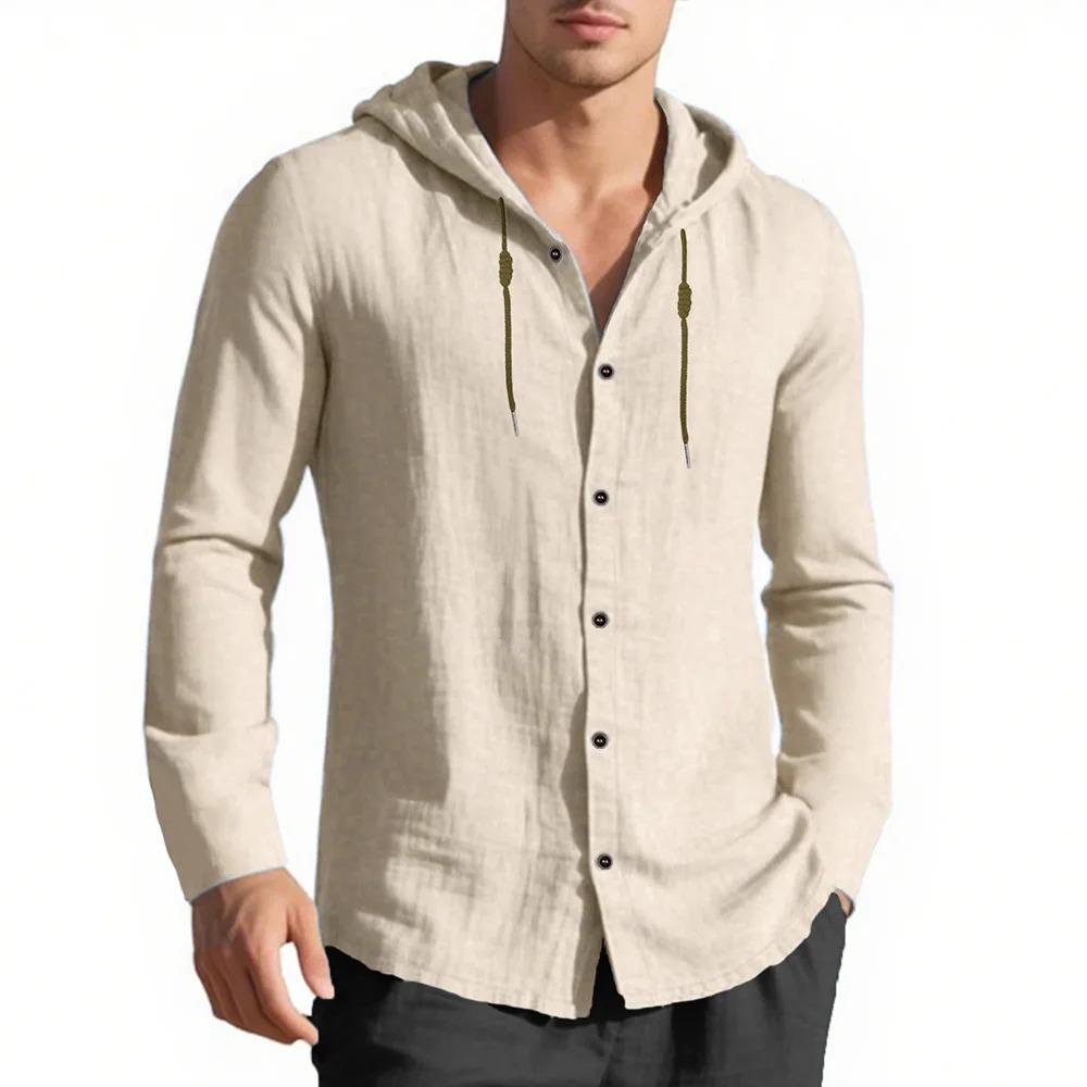 Pánská košile s kapucí, jednořadé zapínání, bavlna len, lehká, jaro léto, dlouhý rukáv, design se stahovací šňůrkou, dovolenkový styl, topy