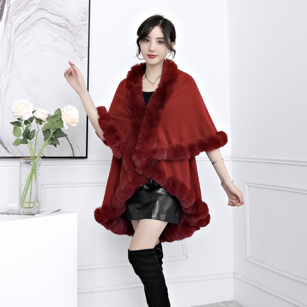 Plus Size Women's Knitted Cardigan with Imitation Rex Rabbit Fur Collar - Autumn/Winter Cape Shawl