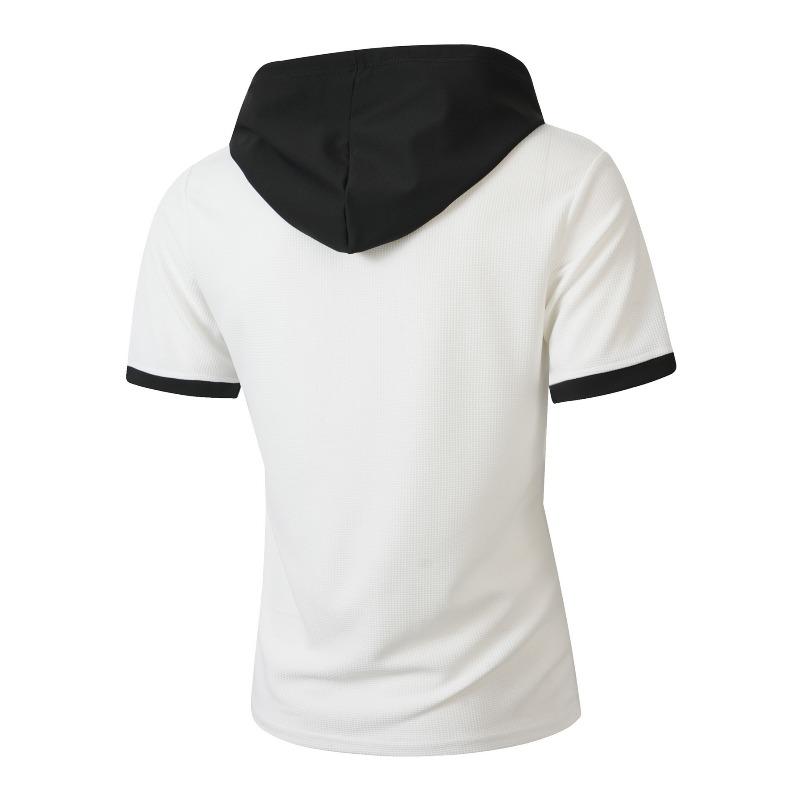 Men's Waffle Knit Color Block Hooded Drawstring Button Short Sleeve T-Shirt.