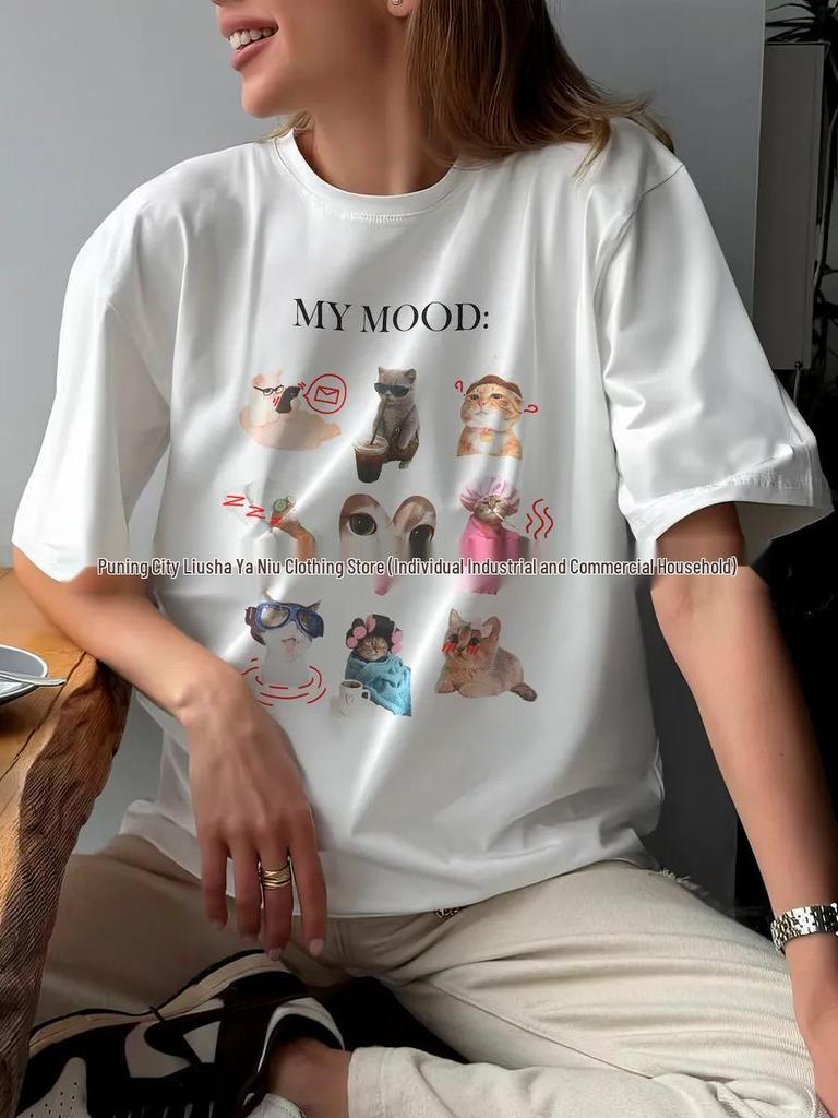 Stylish Slim Fit 100% Cotton Short Sleeve Tee with Cute Cat Cartoon Print