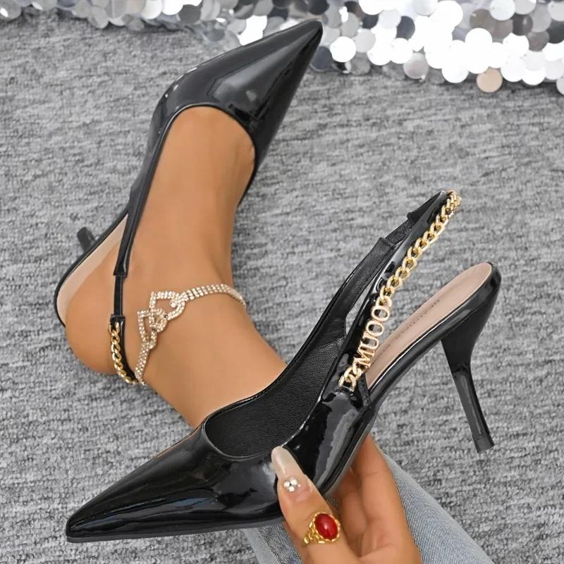2025 Pointed Toe Women's Sandals Slingbacks Chain Metal Decoration Thin Heel Slip on Pumps Fashion Party Dress Heeled Sandals