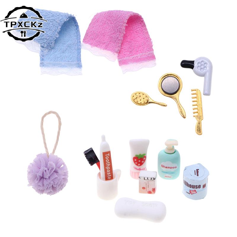 Dollhouse Miniature Practical Bathroom Scene Decoration Hair Dryer Mirror Model Kits Doll Mini Bathroom Dressing Tool Accessory
