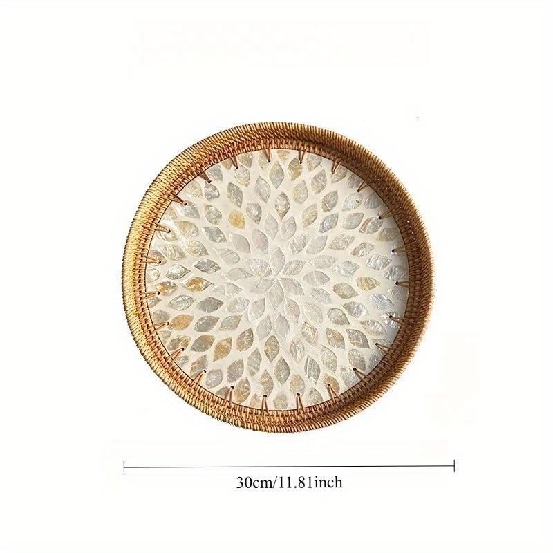 1Pc Handmade Rattan Shell Color Storage Round Picnic Fruit Basket Tray for Outdoor Courtyard Patio Garden