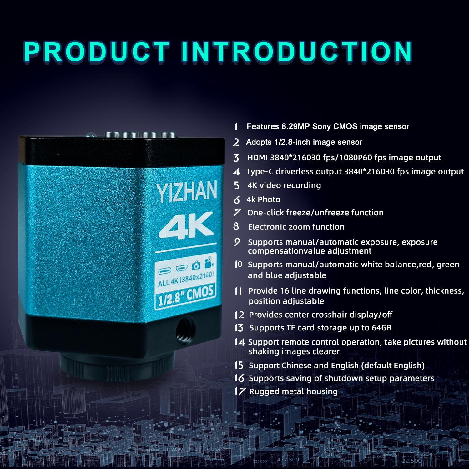 

Відео 4K Камера з цифровим електронним мікроскопом HDMI Type C 1080P 60FPS Камера 8MP Sony CMOS-датчик Оптичний з дистанційним керуванням AU Plug