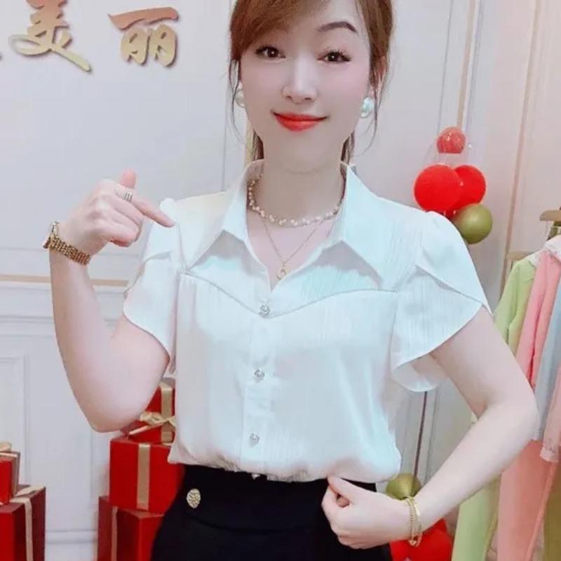 

Women s Turn Down Collar Short Sleeve Blouse Button Front Ruffle Sleeve Shirt for Office Wear M белый