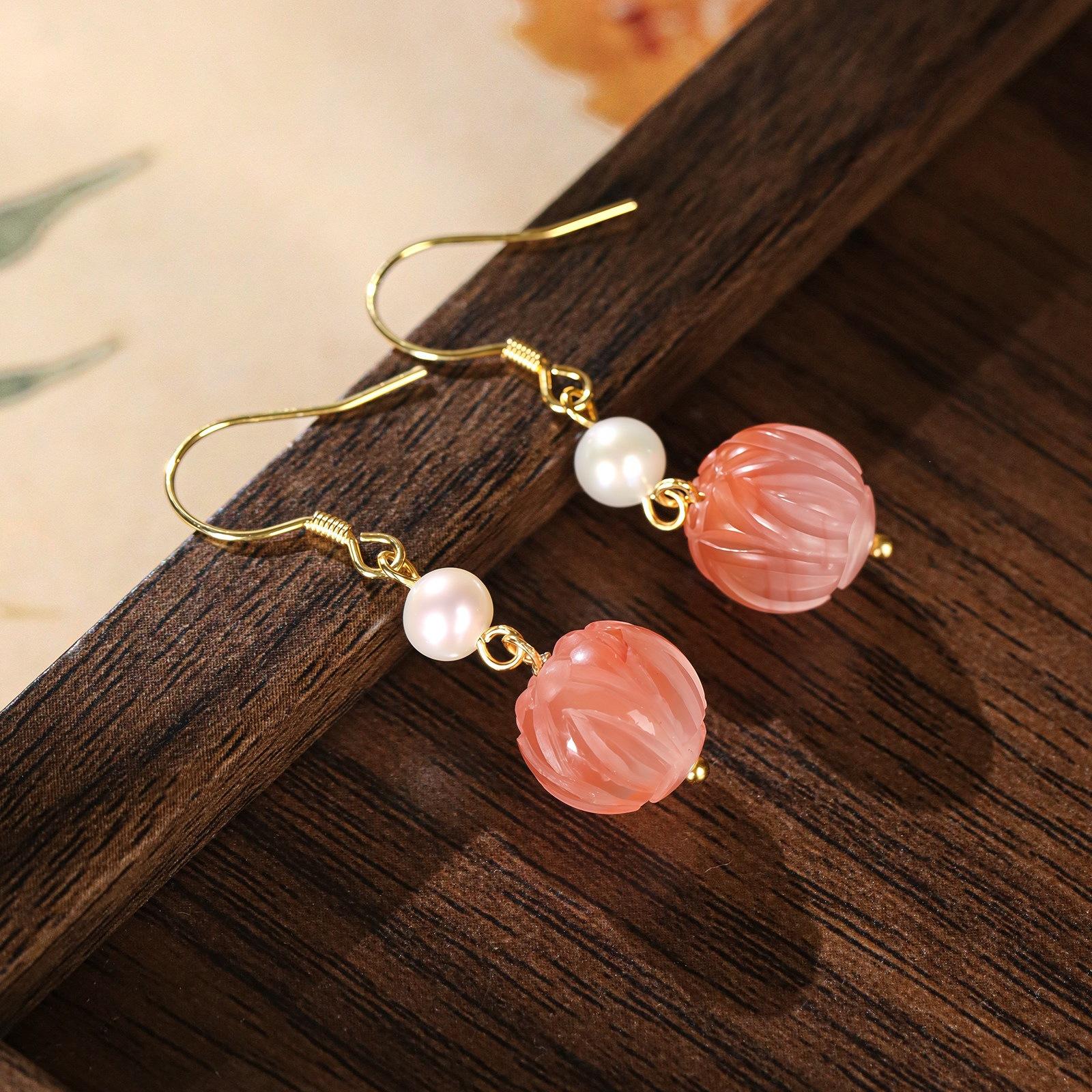 Natural Southern Red Agate Carved Lotus Pearl Earrings Natural Carved Southern R