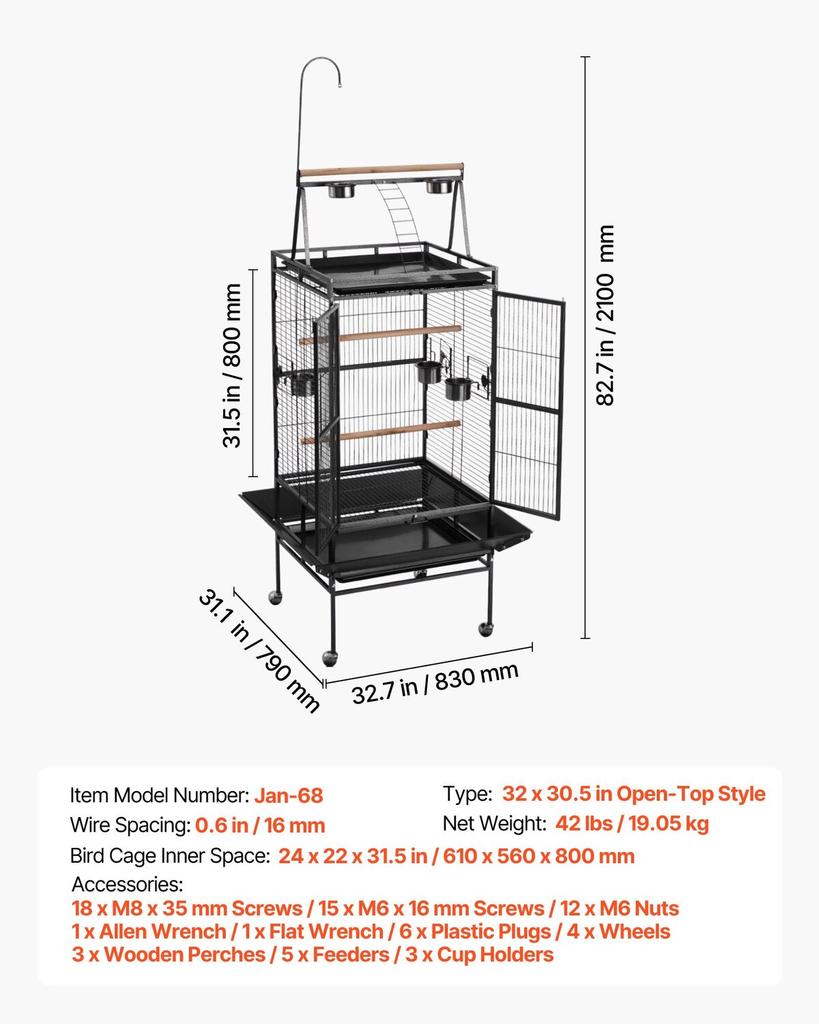Bird Cage, 830 x 790 x 2100 mm, Open Flat Top, Wrought Iron Bird Flight Cage with Perches, Slide-Out Tray, Plastic Feeders, for Cockatiel, Monk